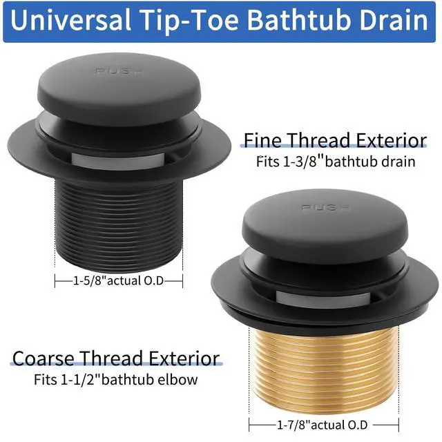 Alt view image 2 of 6 - Tub Drain Kit with Bathtub Drain Stopper (Matte Black) | Tip-Toe Tub Drain Trim Set with Two-Hole Overflow Plate, Replacement Conversion Assembly with Universal Fine & Coarse Thread