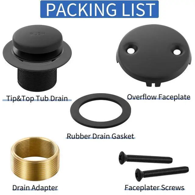 Alt view image 4 of 6 - Tub Drain Kit with Bathtub Drain Stopper (Matte Black) | Tip-Toe Tub Drain Trim Set with Two-Hole Overflow Plate, Replacement Conversion Assembly with Universal Fine & Coarse Thread