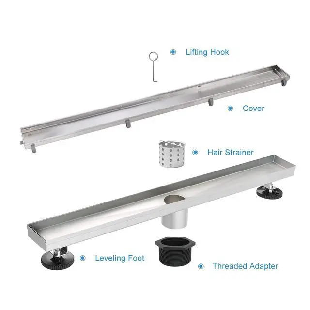 Alt view image 4 of 7 - 24"Linear Shower Drain Brushed Silver Drain with Tile Insert Grate | AISI 304 Stainless Steel Fast Drainage Rectangle Hidden Shower Trench,Detachable Hair Catcher Easy to install,Leveling Feet