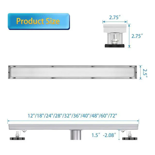 Alt view image 7 of 7 - 24"Linear Shower Drain Brushed Silver Drain with Tile Insert Grate | AISI 304 Stainless Steel Fast Drainage Rectangle Hidden Shower Trench,Detachable Hair Catcher Easy to install,Leveling Feet