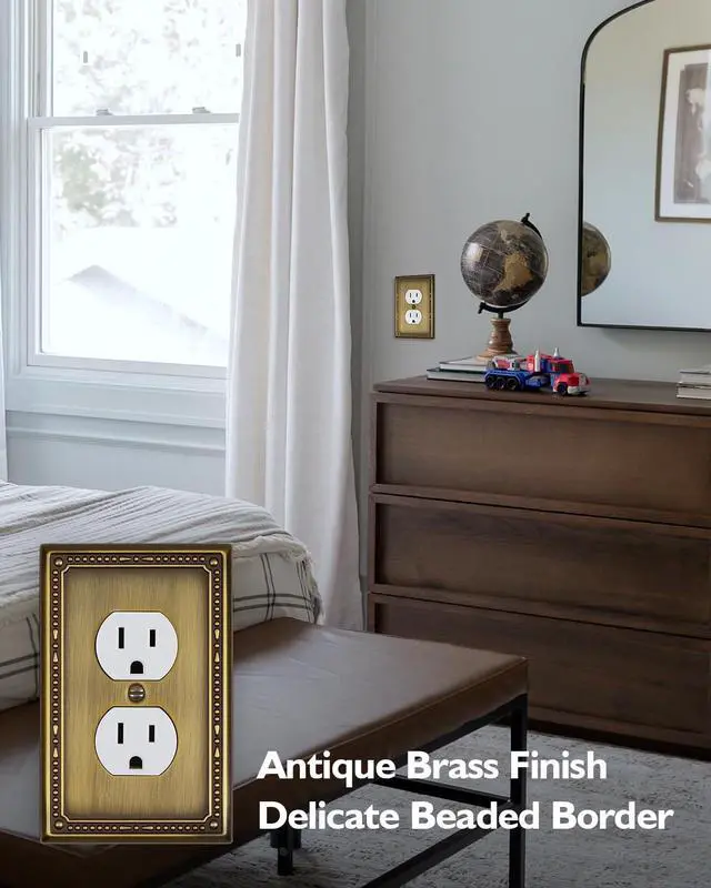 Alt view image 2 of 7 - Switch Plates Outlet Covers, 4-Pack Antique Brass Metal Wall Plates | Midsize Beaded Duplex Outlet Cover for Electrical Outlets, Light Switches, Great for Any Room Update and Remodel