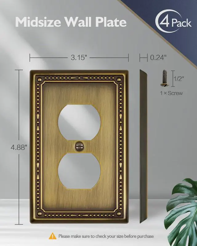 Alt view image 5 of 7 - Switch Plates Outlet Covers, 4-Pack Antique Brass Metal Wall Plates | Midsize Beaded Duplex Outlet Cover for Electrical Outlets, Light Switches, Great for Any Room Update and Remodel