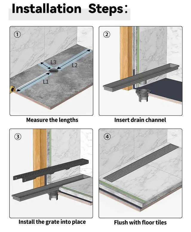 Alt view image 3 of 7 - Shower Drain, Modern Linear Shower Drain 24 Inch (Brushed Nickel) | 304 Stainless Steel Shower Floor Drain, Rectangular Shower Drain, with Grate Removable, Leveling Feet, for Bathroom, Kitchen
