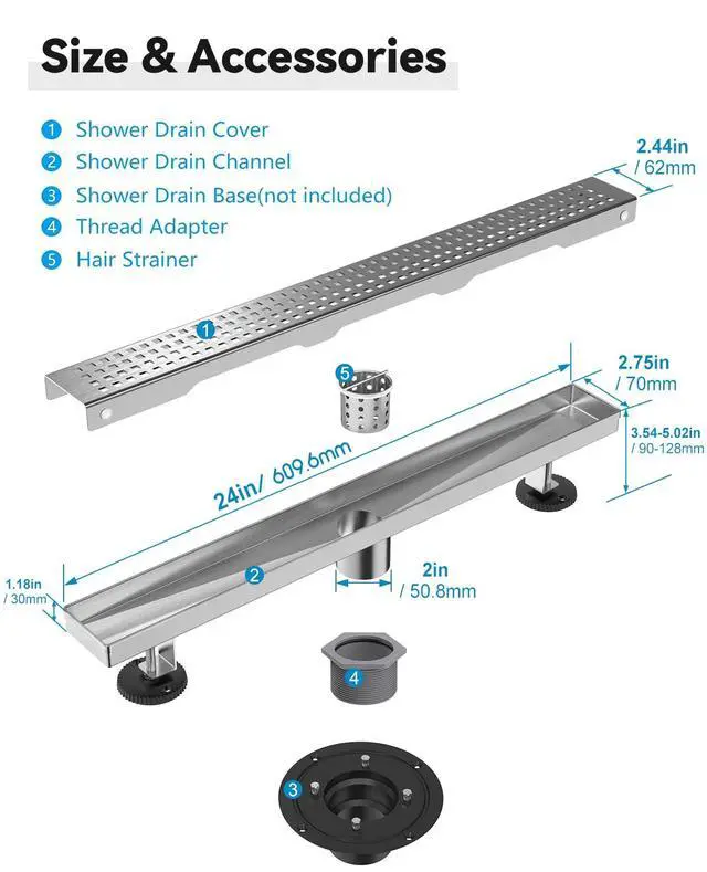 Alt view image 5 of 7 - Shower Drain, Modern Linear Shower Drain 24 Inch (Brushed Nickel) | 304 Stainless Steel Shower Floor Drain, Rectangular Shower Drain, with Grate Removable, Leveling Feet, for Bathroom, Kitchen