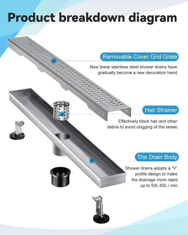 Alt view image 2 of 7 - Shower Drain, Modern Linear Shower Drain 24 Inch (Brushed Nickel) | 304 Stainless Steel Shower Floor Drain, Rectangular Shower Drain, with Grate Removable, Leveling Feet, for Bathroom, Kitchen