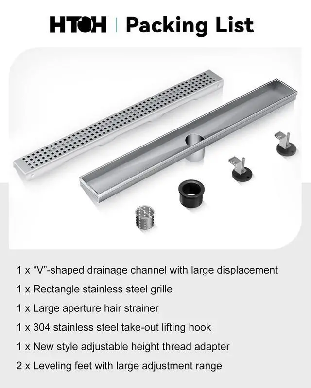 Alt view image 6 of 7 - Shower Drain, Modern Linear Shower Drain 24 Inch (Brushed Nickel) | 304 Stainless Steel Shower Floor Drain, Rectangular Shower Drain, with Grate Removable, Leveling Feet, for Bathroom, Kitchen