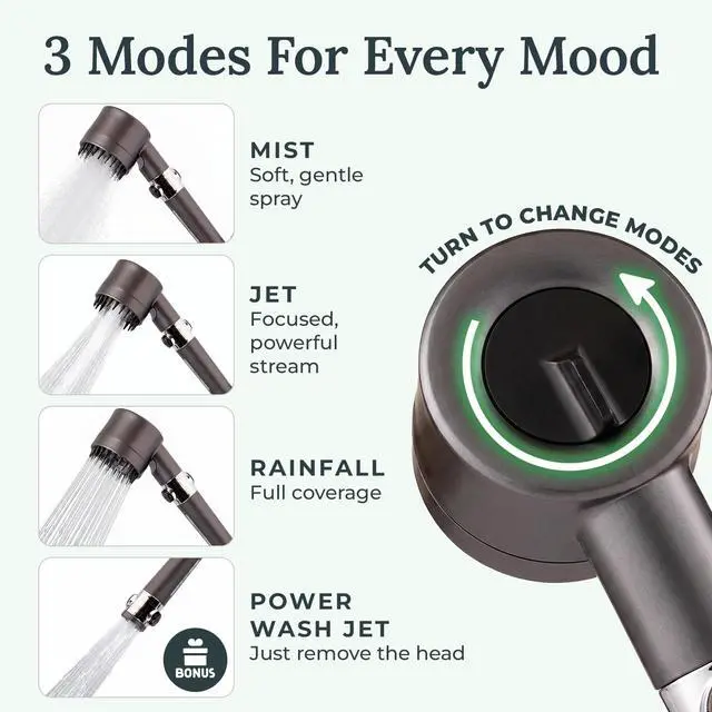 Alt view image 2 of 7 - Filtered Shower Head for Hard Water | Ion Drops | 3 Spray Modes | High Pressure Handheld Shower Head with Stainless Steel Hose | Tool-Free Install | Softer Skin & Healthier Hair