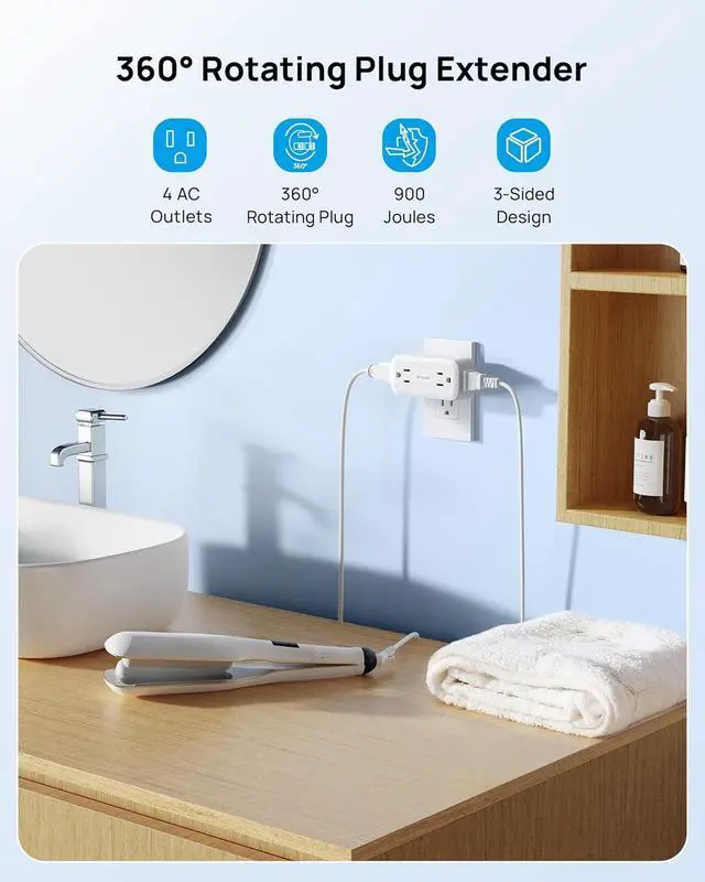 Alt view image 2 of 7 - Surge Protector Outlet Extender with 360 Rotating Plug, White | 4 AC Plug Adapter, 900 Joules Surge Protection, A Small Charging Station, 3-Sided Outlet Splitter for Home Office Travel Dorm