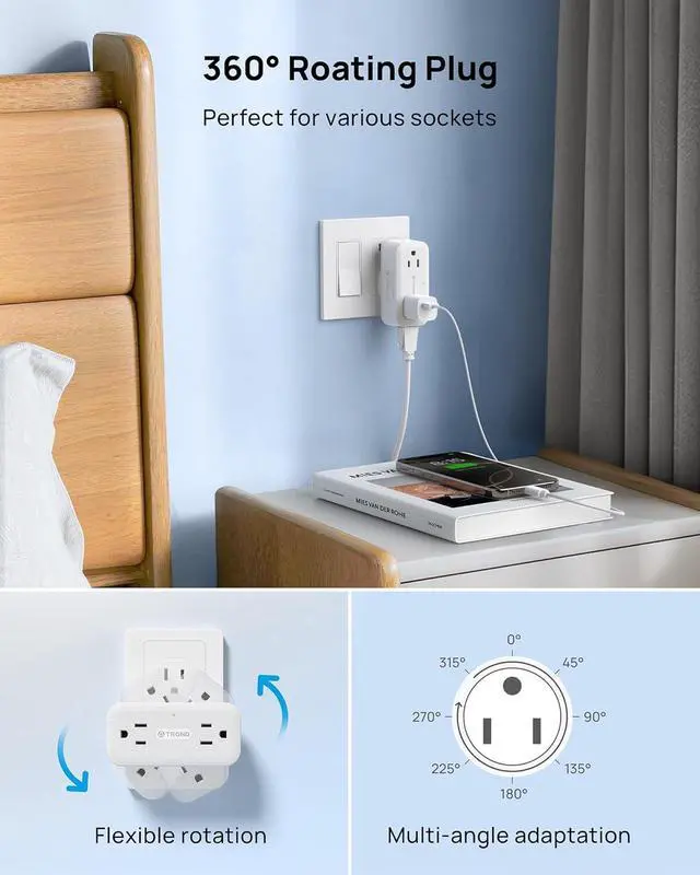 Alt view image 3 of 7 - Surge Protector Outlet Extender with 360 Rotating Plug, White | 4 AC Plug Adapter, 900 Joules Surge Protection, A Small Charging Station, 3-Sided Outlet Splitter for Home Office Travel Dorm