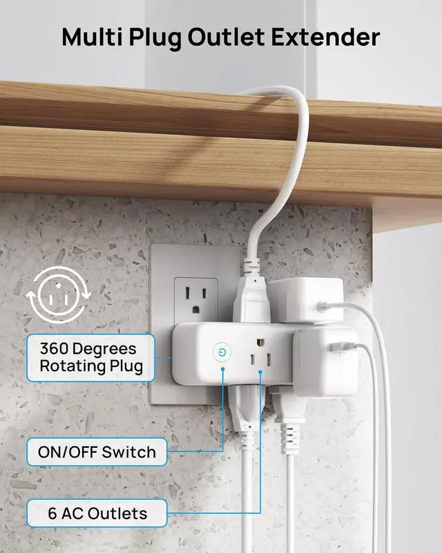 Alt view image 2 of 7 - Outlet Extender Surge Protector - 6 AC Outlet Splitter with Switch | Multi Plug Wall Outlet with 360 Rotating Plug, 1440J, 3 Way Plug Adapter for Tight Space in Home Bathroom Kitchen Office Dorm