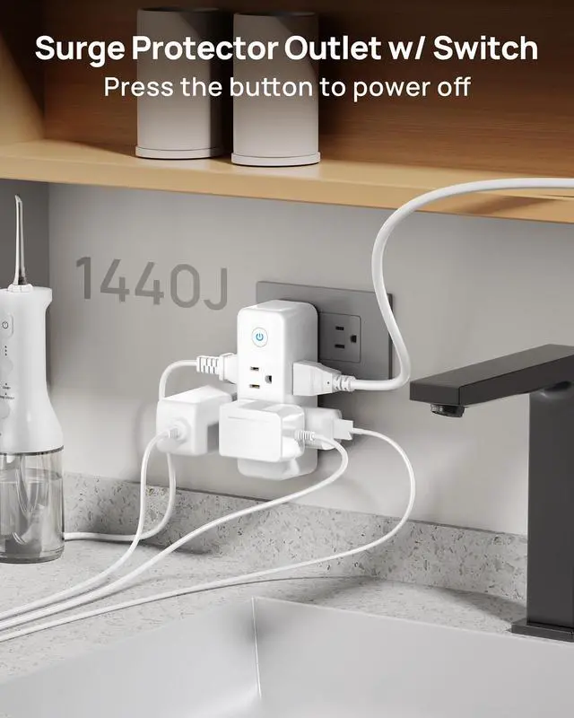 Alt view image 4 of 7 - Outlet Extender Surge Protector - 6 AC Outlet Splitter with Switch | Multi Plug Wall Outlet with 360 Rotating Plug, 1440J, 3 Way Plug Adapter for Tight Space in Home Bathroom Kitchen Office Dorm
