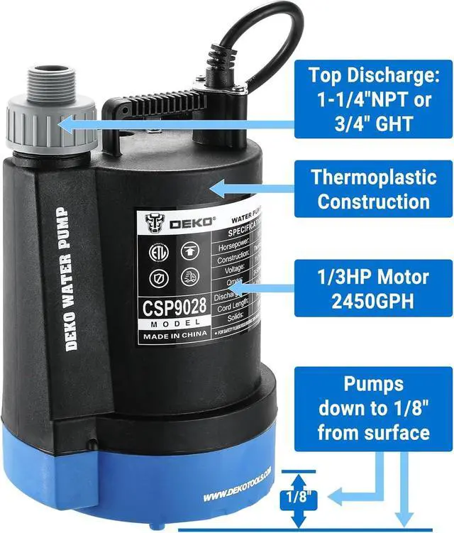 Alt view image 3 of 6 - Submersible Utility Water Pump: 1/3HP 2450 GPH Sump Pump High-efficiency Motor Clean Water Removal Drain Pump for Swimming Pool Pond Garden Basement