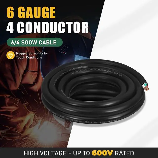 Alt view image 2 of 7 - 6ft 6/4 6 AWG Portable SOOW Cable (4 Conductor) - SOOW 600V 6 Gauge Electric Wire for Motor Lead, Welder, Generator, Portable Lights, RV/EV Car Chargers and Machinery - 6 Feet Electrical So Cord