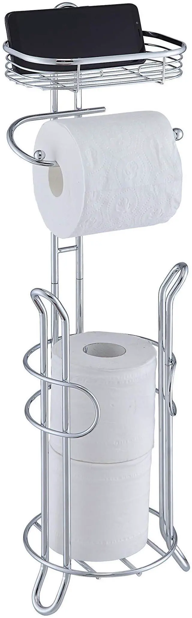 Main image of Bathroom Heavyweight Toilet Tissue Paper Roll Storage Holder Stand with Reserve and Shelve, The Reserve Area Has Enough Space to Store Mega Rolls. (Chrome)