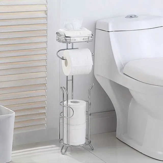 Alt view image 2 of 7 - Bathroom Heavyweight Toilet Tissue Paper Roll Storage Holder Stand with Reserve and Shelve, The Reserve Area Has Enough Space to Store Mega Rolls. (Chrome)