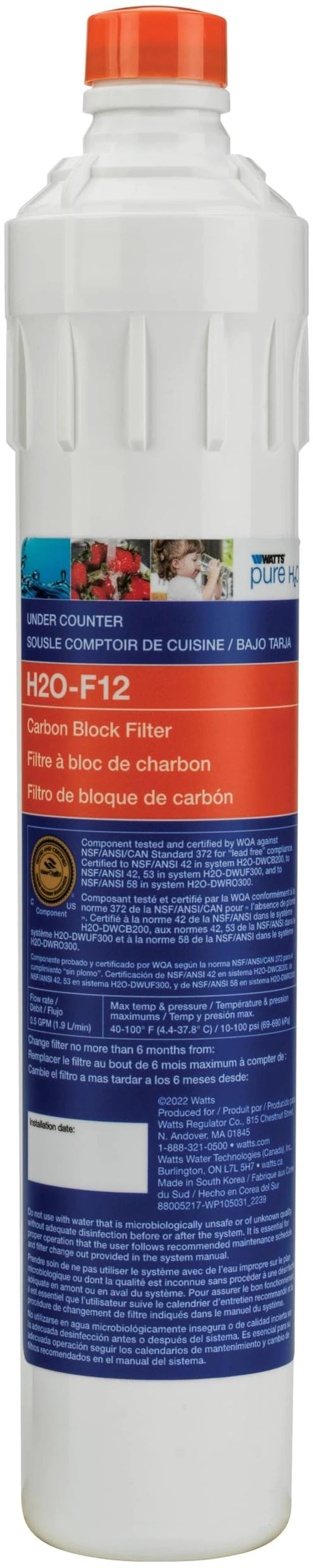 Main image of H2O-F12 Pure H2O 5-Micron Carbon Block Replacement Filter Fits H2O-Dwcb200 H2O-Dwuf300 and H2O-Dwro300 Reduces Chlorine Taste and Odor Push Button Release 2000 Gallons Lifespan