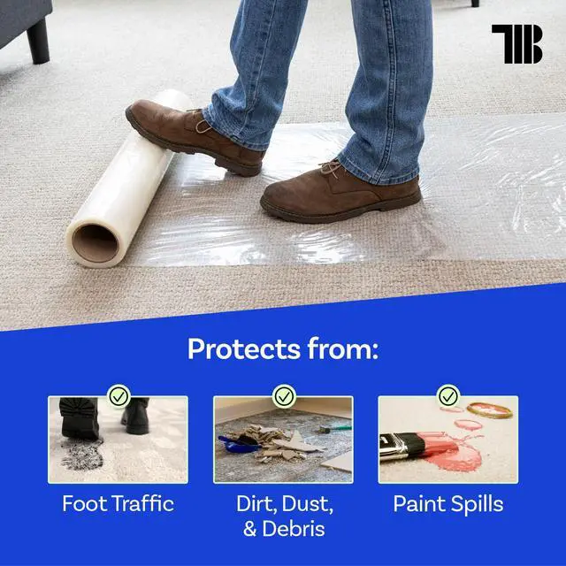 Alt view image 4 of 7 - Carpet Protection Film 24" x 200' roll, Self Adhesive Plastic Carpet Protector Film with Clean Removal & Easy Unwind, Durable Protection Tape to Shield Your Surface from Dirt and Spills