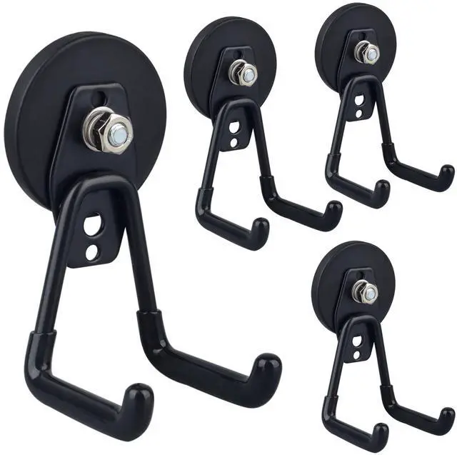 Main image of Heavy Duty Magnetic Garage Hooks,4 Pack Strong Large Magnet Hook for Power Drill,Garden Tools,Hose,Pegboard,Garage, Workshop,Magnetic Storage Hooks for Indoor Outdoor Hanging(Black)