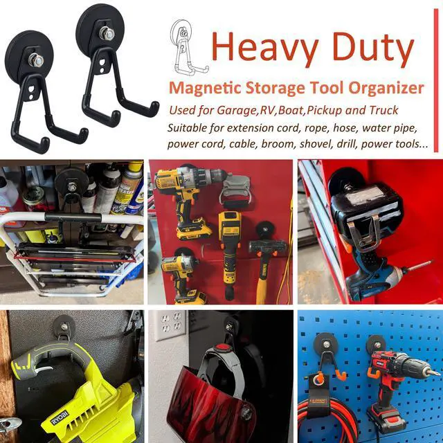 Alt view image 2 of 6 - Heavy Duty Magnetic Garage Hooks,4 Pack Strong Large Magnet Hook for Power Drill,Garden Tools,Hose,Pegboard,Garage, Workshop,Magnetic Storage Hooks for Indoor Outdoor Hanging(Black)