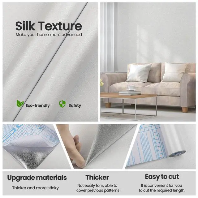 Alt view image 2 of 7 - White Textured Wallpaper Peel and Stick Silk Embossed Vinyl Contact Paper | 15.7" X 196.8" Removable Wrap Paper for Cabinet - New Environmentally Friendly Upgrade Wall Paper for Cabinets Shelves