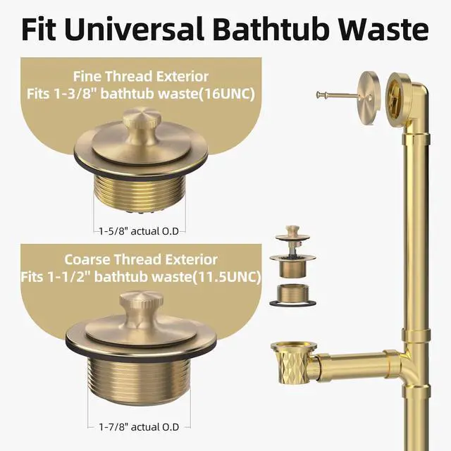 Alt view image 3 of 7 - Champagne Brushed Gold Bronze Bathtub Drain, Hair Catcher and 2-Hole Overflow Faceplate, 11.5/16 UNC, Lift and Turn Bathtub Drain Replacement, Tub Drain Stopper