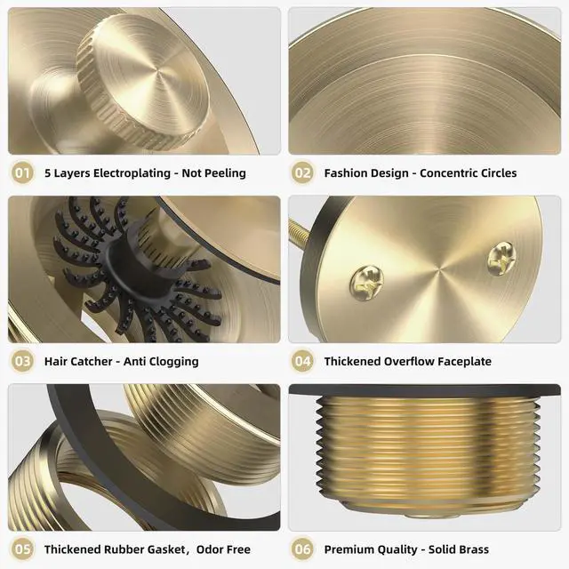 Alt view image 4 of 7 - Champagne Brushed Gold Bronze Bathtub Drain, Hair Catcher and 2-Hole Overflow Faceplate, 11.5/16 UNC, Lift and Turn Bathtub Drain Replacement, Tub Drain Stopper