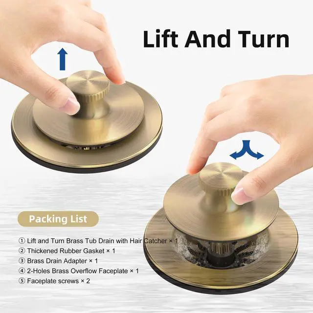 Alt view image 6 of 7 - Champagne Brushed Gold Bronze Bathtub Drain, Hair Catcher and 2-Hole Overflow Faceplate, 11.5/16 UNC, Lift and Turn Bathtub Drain Replacement, Tub Drain Stopper
