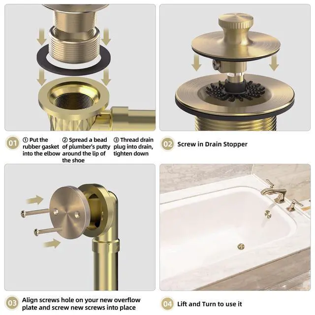 Alt view image 7 of 7 - Champagne Brushed Gold Bronze Bathtub Drain, Hair Catcher and 2-Hole Overflow Faceplate, 11.5/16 UNC, Lift and Turn Bathtub Drain Replacement, Tub Drain Stopper
