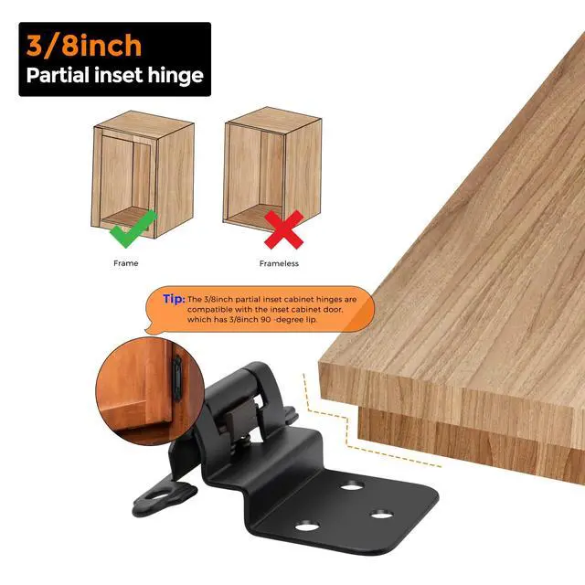 Alt view image 5 of 7 - 3/8" Inset Matte Black Cabinet Hinges 60 Pack (30 Pairs) | Self-Closing Design, Face Frame Door Fit, Door Bumpers Included, Decorative Cabinet Hardware, for Kitchen Bathroom Furniture