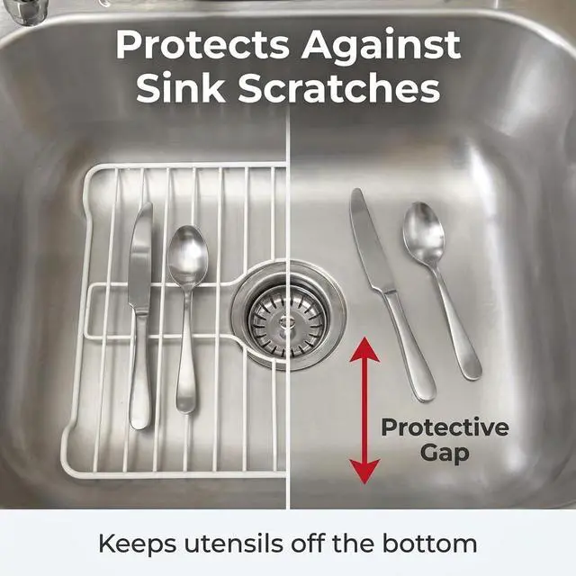 Alt view image 5 of 7 - Small White Sink Protector for Kitchen Sink, Metal Grid Mat Fits Compact Single-Bowl Sinks, 12x10.25 in