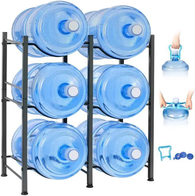 Main image of 5 Gal Jug Rack, 3 Tier for 6 | Heavy duty steel, built-in lifter, includes cap, holds 6 bottles, kitchen/office/gym