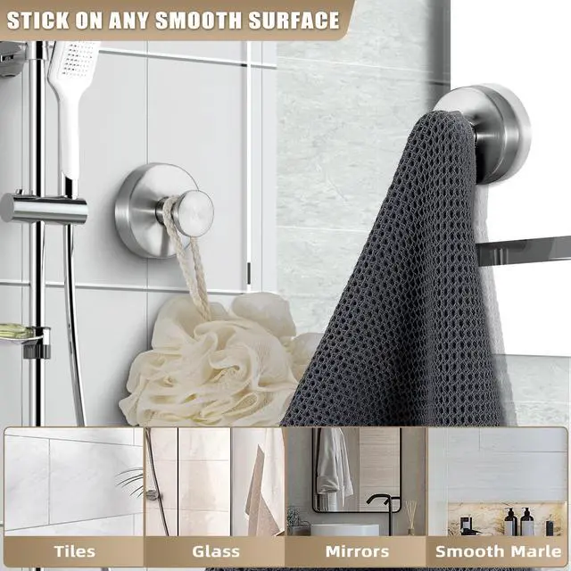 Alt view image 2 of 7 - Suction Cup Hooks for Shower No-Drill Bathroom Hooks for Towels, Robes, Loofah Mountable on Bathroom Walls, Kitchen, Glass, Mirrors, Tile and Smooth,Non-Porous Surfaces (2, Brushed Nickel)