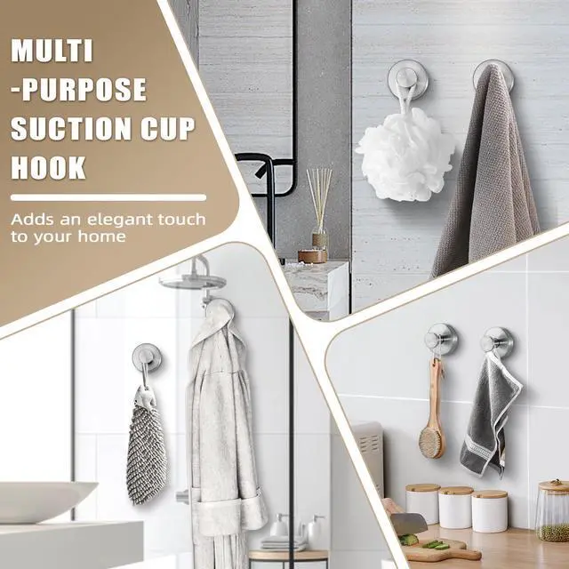 Alt view image 4 of 7 - Suction Cup Hooks for Shower No-Drill Bathroom Hooks for Towels, Robes, Loofah Mountable on Bathroom Walls, Kitchen, Glass, Mirrors, Tile and Smooth,Non-Porous Surfaces (2, Brushed Nickel)