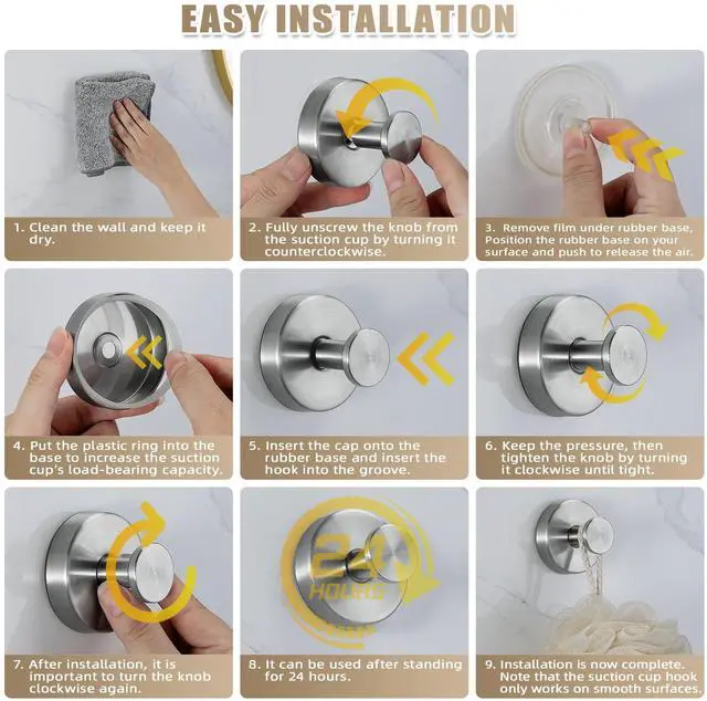 Alt view image 5 of 7 - Suction Cup Hooks for Shower No-Drill Bathroom Hooks for Towels, Robes, Loofah Mountable on Bathroom Walls, Kitchen, Glass, Mirrors, Tile and Smooth,Non-Porous Surfaces (2, Brushed Nickel)