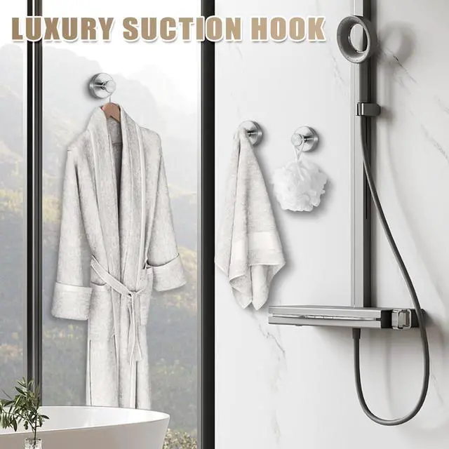 Alt view image 6 of 7 - Suction Cup Hooks for Shower No-Drill Bathroom Hooks for Towels, Robes, Loofah Mountable on Bathroom Walls, Kitchen, Glass, Mirrors, Tile and Smooth,Non-Porous Surfaces (2, Brushed Nickel)