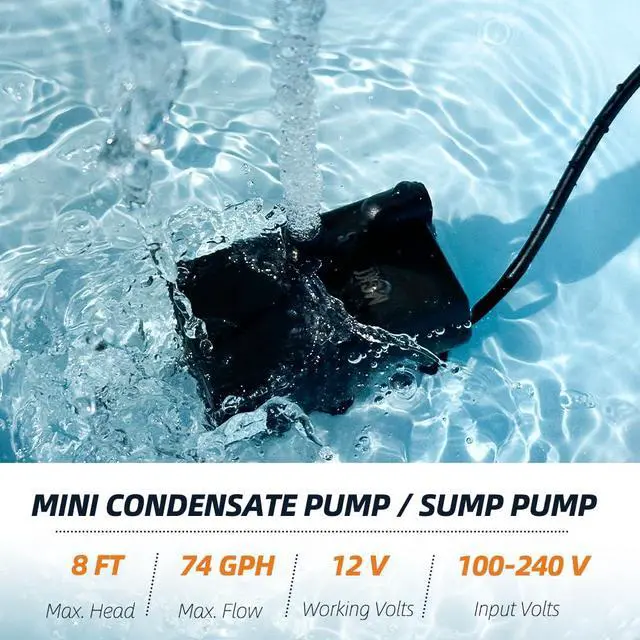 Alt view image 3 of 7 - Automatic Small Sump Pump with Water Sensor, 8 FT Lift 74 GPH with 6 FT Tubing, 115/230V Mini HVAC Condensate Removal Pump with Float Switch for Dehumidifier, Air Conditioner, Hydroponic, Auto On Off