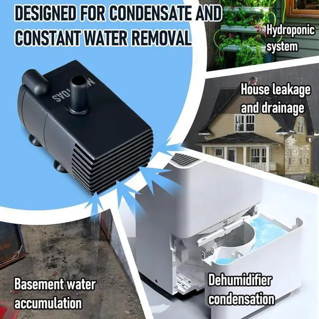 Alt view image 2 of 7 - Automatic Small Sump Pump with Water Sensor, 8 FT Lift 74 GPH with 6 FT Tubing, 115/230V Mini HVAC Condensate Removal Pump with Float Switch for Dehumidifier, Air Conditioner, Hydroponic, Auto On Off