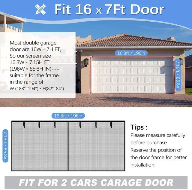 Alt view image 2 of 6 - Garage Door Screen for 2 Car Garage 16x7FT, Magnetic Screen Garage with Retractable Fiberglass Mesh and Heavy Duty Weighted Bottom, Easy Assembly & Pass, Hands Free Door Screen Kit