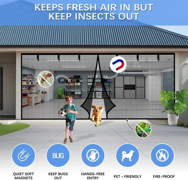 Alt view image 4 of 6 - Garage Door Screen for 2 Car Garage 16x7FT, Magnetic Screen Garage with Retractable Fiberglass Mesh and Heavy Duty Weighted Bottom, Easy Assembly & Pass, Hands Free Door Screen Kit