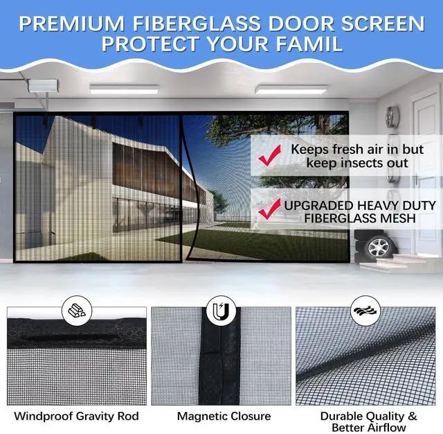 Alt view image 6 of 6 - Garage Door Screen for 2 Car Garage 16x7FT, Magnetic Screen Garage with Retractable Fiberglass Mesh and Heavy Duty Weighted Bottom, Easy Assembly & Pass, Hands Free Door Screen Kit