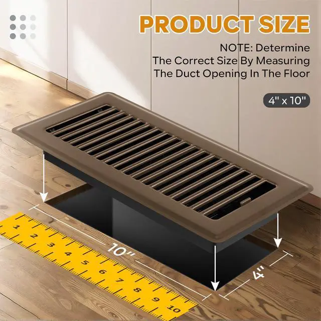 Alt view image 2 of 7 - Floor Register 4x10, Floor Vent Covers, Heavy Duty Steel Walkable Floor Vents, for Sidewall and Floor, Brown 10 Pack