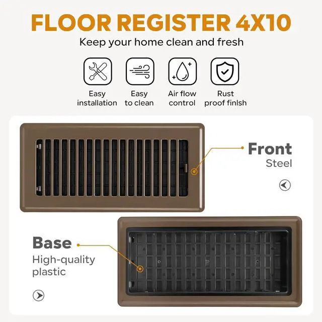 Alt view image 3 of 7 - Floor Register 4x10, Floor Vent Covers, Heavy Duty Steel Walkable Floor Vents, for Sidewall and Floor, Brown 10 Pack