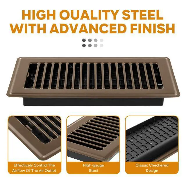 Alt view image 4 of 7 - Floor Register 4x10, Floor Vent Covers, Heavy Duty Steel Walkable Floor Vents, for Sidewall and Floor, Brown 10 Pack