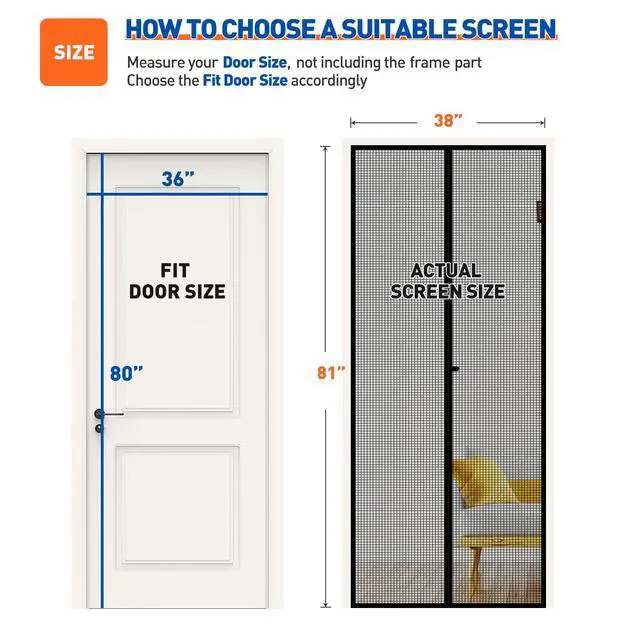 Alt view image 2 of 6 - Magnetic Screen Door Fits Door Size 36"x 80", Heavy Duty Mesh | 38" x 81" Heavy Duty Door Screen Magnetic Closure & Windproof Fastener, Pet Friendly Front Screen Door Magnets, Black