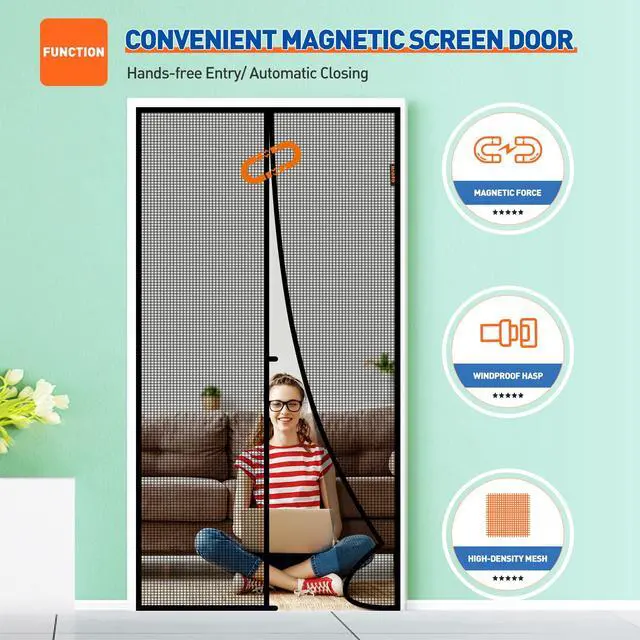 Alt view image 6 of 6 - Magnetic Screen Door Fits Door Size 36"x 80", Heavy Duty Mesh | 38" x 81" Heavy Duty Door Screen Magnetic Closure & Windproof Fastener, Pet Friendly Front Screen Door Magnets, Black
