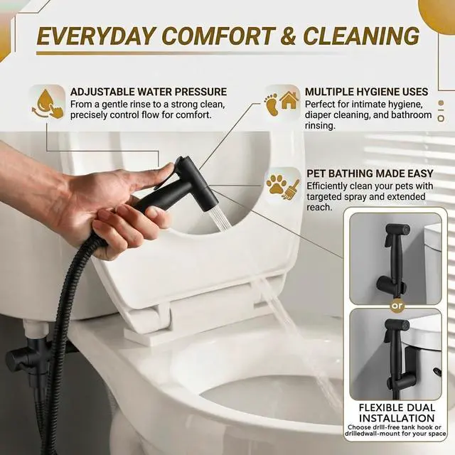 Alt view image 2 of 7 - Handheld Bidet Sprayer for Toilet, Stainless Steel Metal Made Baby Cloth Diaper Spraying Kit, Bathroom Toilet Bidet Attachment Set for Bathing Pets and Feminine Hygiene, Matte Black