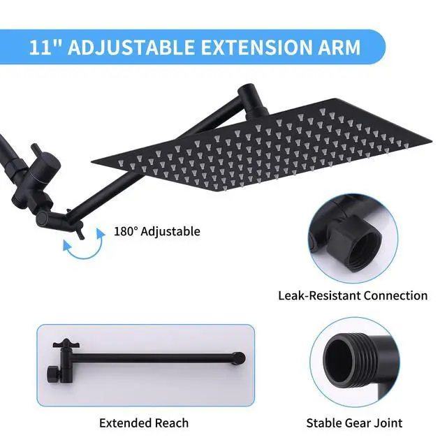 Alt view image 5 of 7 - Peicuai Shower Head Combo, 10-Inch High-Pressure Rainfall Shower Head with 11-Inch Adjustable Extension Arm, 5-Setting Matte Black Handheld Shower with Long Hose, Powerful Spray for Low Water Pressure