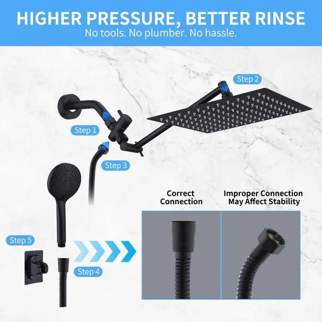 Alt view image 6 of 7 - Peicuai Shower Head Combo, 10-Inch High-Pressure Rainfall Shower Head with 11-Inch Adjustable Extension Arm, 5-Setting Matte Black Handheld Shower with Long Hose, Powerful Spray for Low Water Pressure