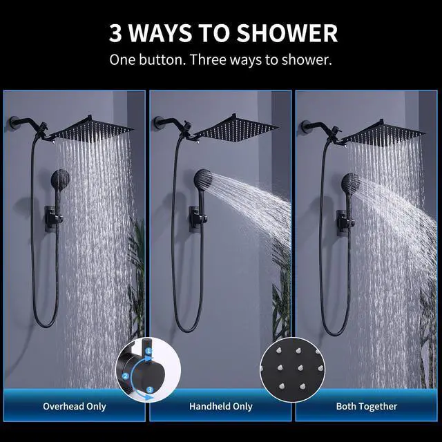 Alt view image 4 of 7 - Peicuai Shower Head Combo, 10-Inch High-Pressure Rainfall Shower Head with 11-Inch Adjustable Extension Arm, 5-Setting Matte Black Handheld Shower with Long Hose, Powerful Spray for Low Water Pressure