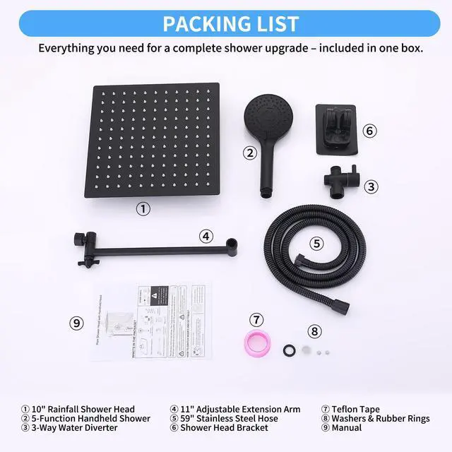 Alt view image 7 of 7 - Peicuai Shower Head Combo, 10-Inch High-Pressure Rainfall Shower Head with 11-Inch Adjustable Extension Arm, 5-Setting Matte Black Handheld Shower with Long Hose, Powerful Spray for Low Water Pressure